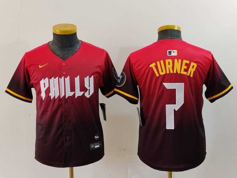Youth Philadelphia Phillies #7 Trea Turner Red 2024 City Connect Limited Jersey,We sell and wholesale Youth Philadelphia Phillies #7 Trea Turner Red 2024 City Connect Limited Jersey on line form chian!